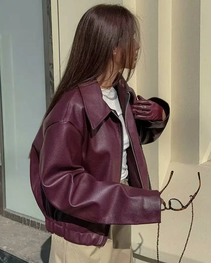 Wine Oversized Leather Jacket