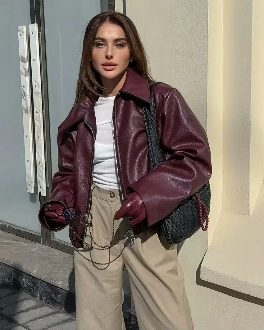 Wine Oversized Leather Jacket