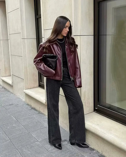 Wine Oversized Leather Jacket