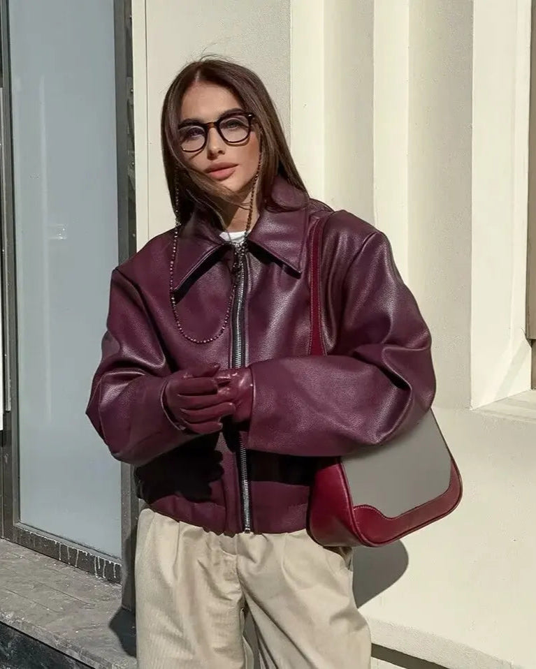 Wine Oversized Leather Jacket